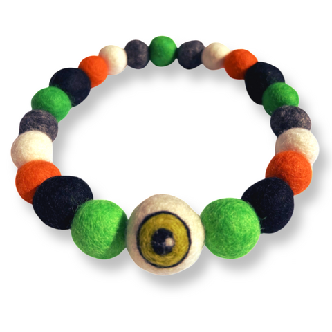 Halloween Eyeball Pom Pom Dog Collar  - Green