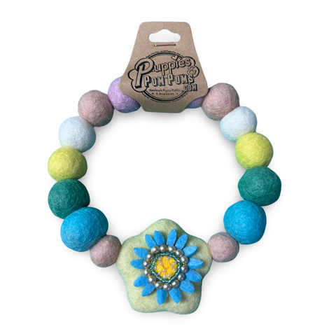 Spring Blue Flower - Personalised Pom Pom Dog Collar