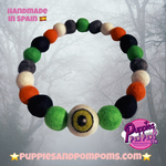 Halloween Eyeball Pom Pom Dog Collar  - Green