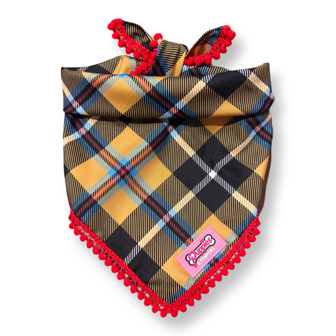 Cornish Tartan Bandana - Red Pom Poms -Tie on