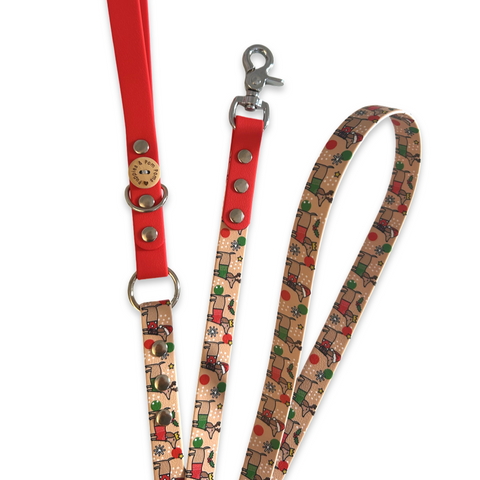 Christmas Dachshunds - Handmade Vegan Leather Dog Leash - Red