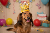 Gorro de cumpleaños hecho a mano con forma de corona y perro salchicha 