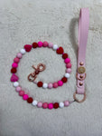 Handmade Valentine Beaded Hearts Dog Leash - Vegan Leather - Baby Pink