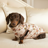 Premium Organic Handmade Teckel Sweater “Bee Happy Dachshunds” - Beige (Brown Cuffs)