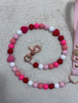 Handmade Valentine Beaded Hearts Dog Leash - Vegan Leather - Baby Pink