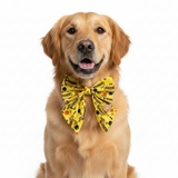 Dog wearing a yellow bow tie with cartoon characters on a white background