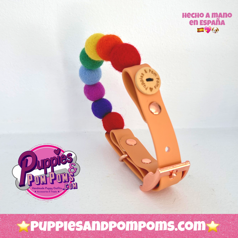Handmade Rainbow Pom Pom Collar - Adjustable - Vegan Leather / Biothane