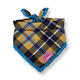 Cornish Tartan Bandana - Blue Pom Poms -Tie on