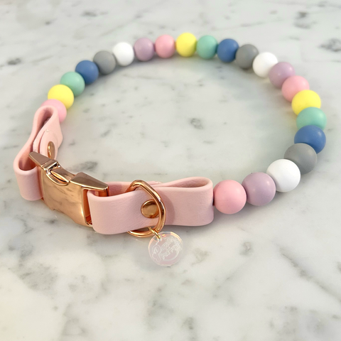 Handmade Bead Dog Collar - Quick Release Buckle - Baby Pink