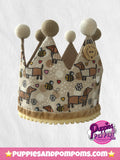 Gorro de cumpleaños hecho a mano con forma de corona - Perros salchicha Bee Happy Beige 