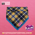 Cornish Tartan Bandana - Blue Pom Poms -Tie on